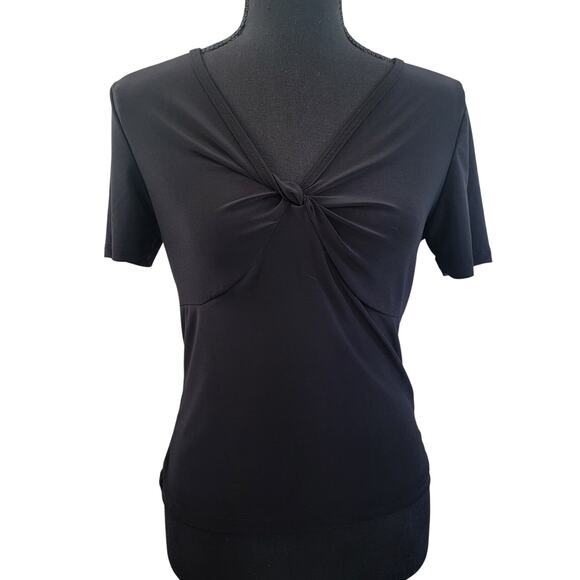 Susan Lawrence V-Neck Black Knit Top Shirt‎ Sz PM Petite Medium Short Sleeve - Picture 1 of 9
